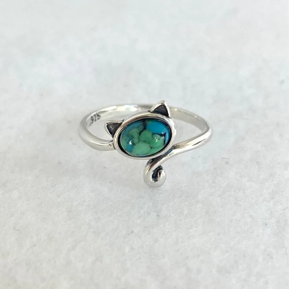 Sterling Silver 925 Turquoise Cabochon Kitty Cat Bypass Style Band Ring Sz 6